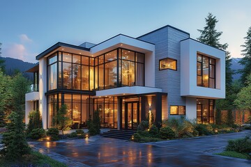 Fototapeta premium Modern architectural marvel A stunning home illuminated at dusk showcasing expansive glass windows and sleek design