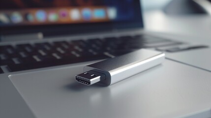 A close-up of a USB stick on a white desk, with the metallic finish reflecting the light and a computer screen softly blurred in the background.