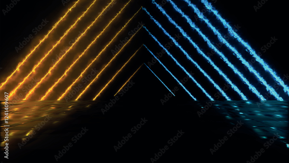 Poster abstract colorful background with bright neon beams and glowing lines reflecting on the floor. clean