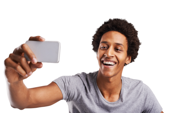 Selfie, smile and a happy young black man isolated on a transparent background for a status update. Face, social media and photograph with a confident influencer posing on PNG for a profile picture