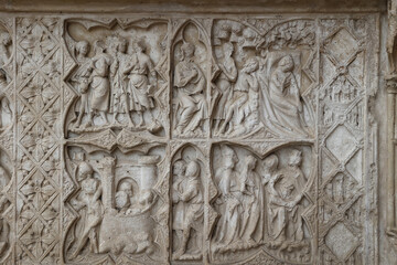 Saint Stephen’s cathedral, Auxerre, Yonne, France. Reliefs on the porch