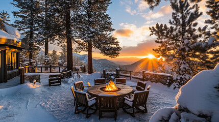 Snow-covered landscape surrounds a romantic fire pit and dining table at sunset-1