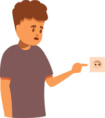 Young boy pointing at a wall power socket with a concerned look, highlighting the importance of electrical safety education for children