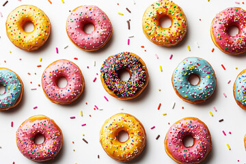 Colorful donuts with sprinkles create a whimsical pattern on a playful white background