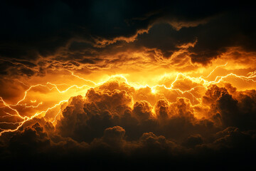 Dramatic storm clouds illuminated by fierce lightning during a vibrant sunset display over an eerie sky