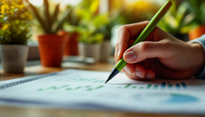 Naklejka premium Analyzing financial data with a green pen