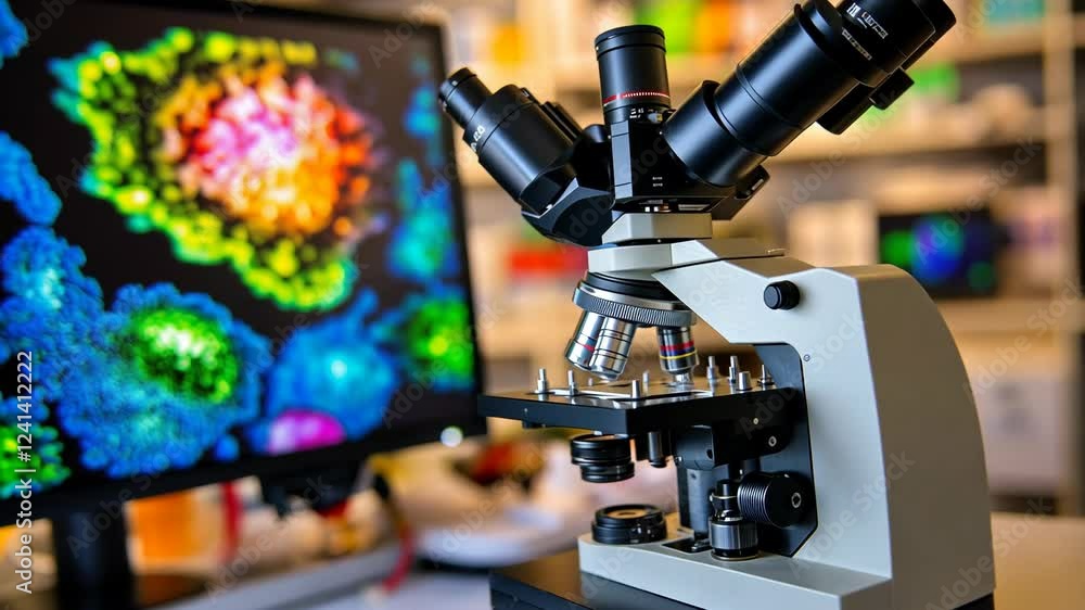 Poster microscope examining colorful cell cultures in a laboratory setting with digital display showcasing 