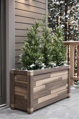 Snowy Winter Evergreens in Modern Wooden Planter Box 