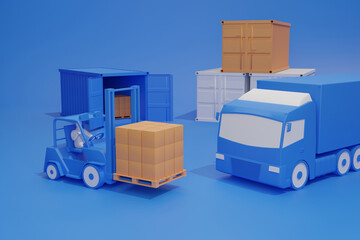 A forklift driver works in a large warehouse, loading goods into containers, logistics - 3D render