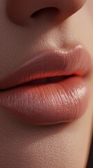 Fototapeta premium Close-up of lips with makeup in soft blush pink tones. Naturally beautiful lips with precise detail.