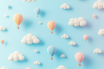 Fototapeta premium Whimsical clouds and hot air balloons dance in a dreamy light blue sky backdrop