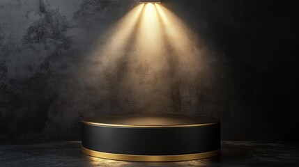 Luxurious black and gold pedestal under dramatic spot lighting
