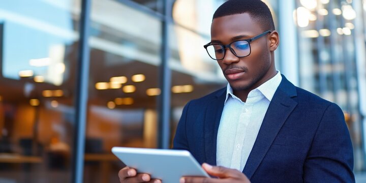 Focused Business Professional Using a Tablet Outside a Modern Office