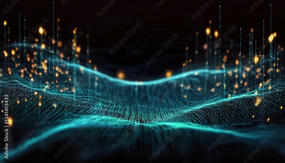 Aufkleber glowing abstract 3d wave with flowing data streams, digital network, futuristic glowing particles, tech concept