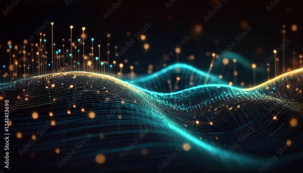 Poster glowing abstract 3d wave with flowing data streams, digital network, futuristic glowing particles, tech concept