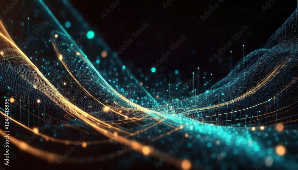 Poster glowing abstract 3d wave with flowing data streams, digital network, futuristic glowing particles, tech concept