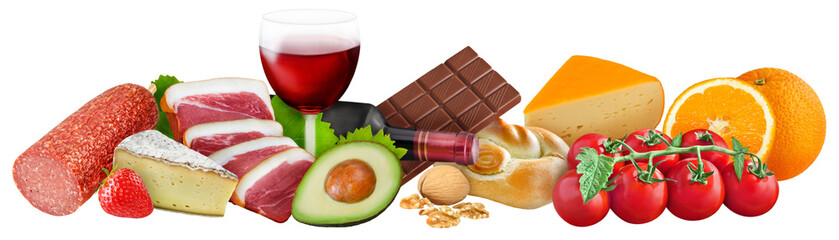 Collage and various foods with Histamine isolated on white background