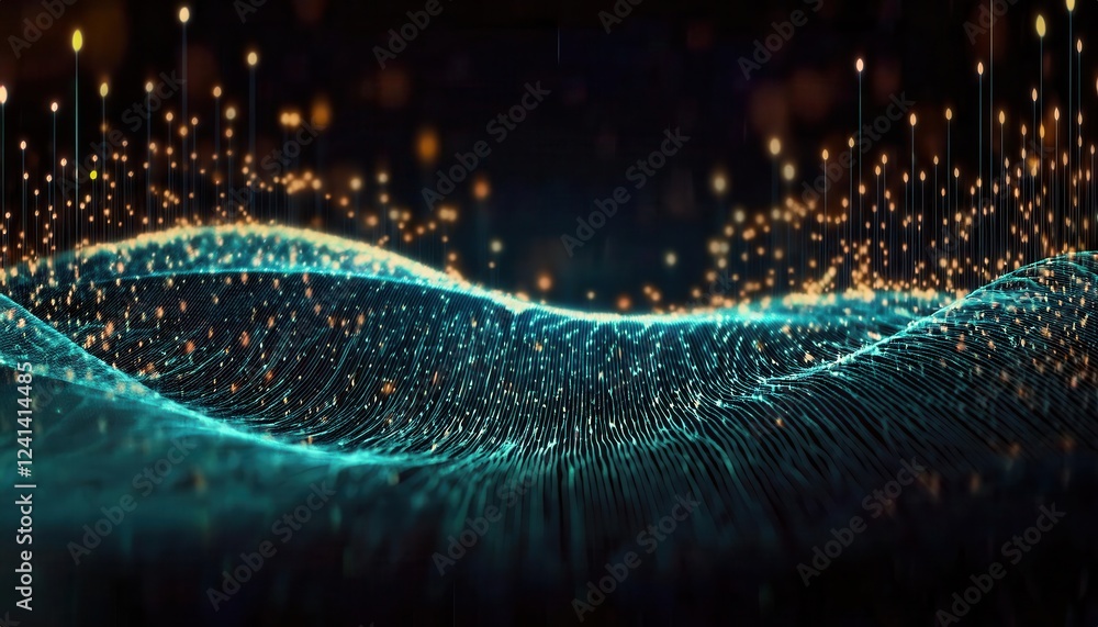 Poster glowing abstract 3d wave with flowing data streams, digital network, futuristic glowing particles, tech concept
