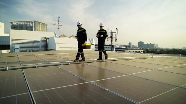 Workers perform maintenance on solar panels at a rooftop installation site during the afternoon,   workers dressed in bright safety gear inspect and maintain solar panels on a rooftop. The clear sky