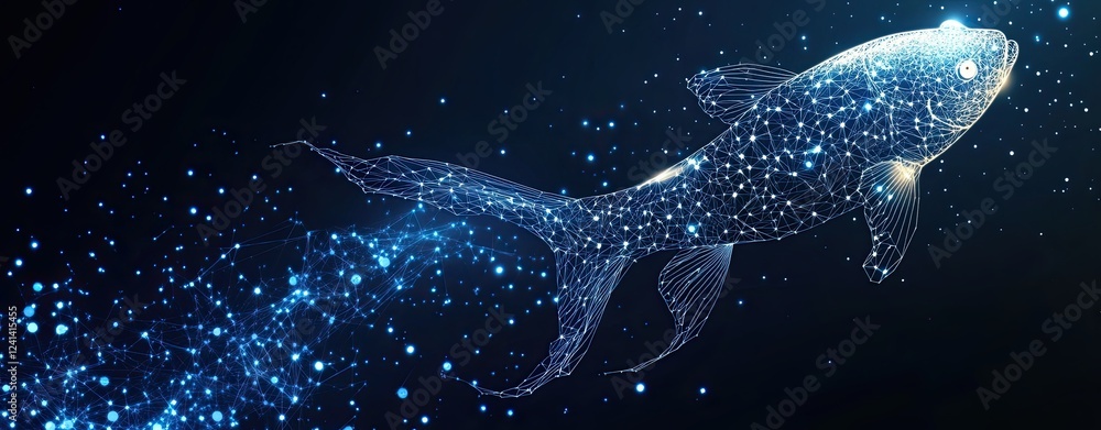 Poster a futuristic background with a wireframe fish drawing enhanced with digital features