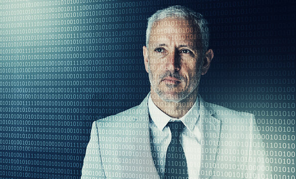 Business man, thinking and hologram for code, programming and binary with overlay at workplace. Mature person, reflection and executive at IT company with digital transformation with user experience