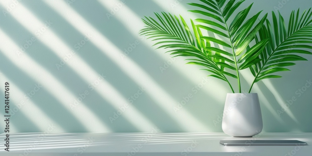 Poster sleek minimalist workspace with greenery in natural light emphasizing clean lines and openness