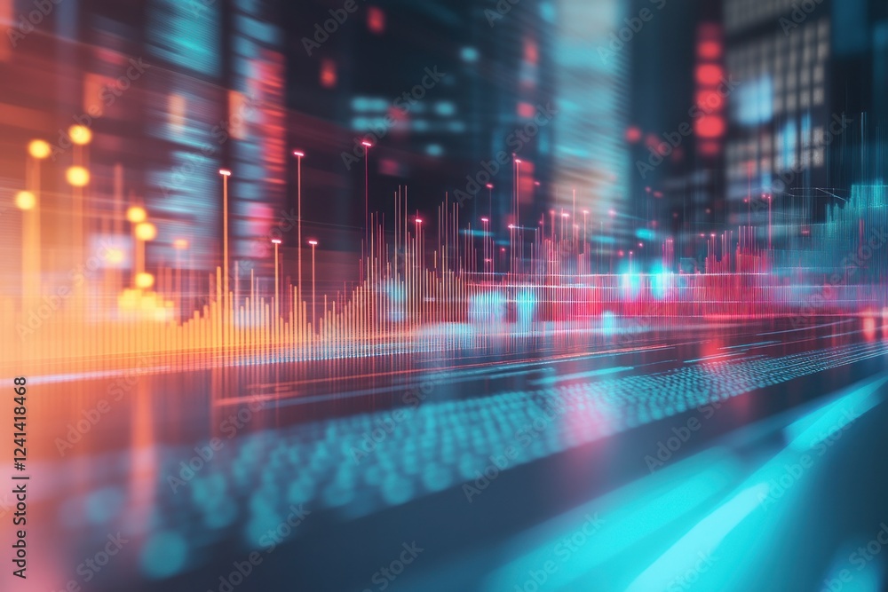 Poster abstract digital data visualization with colorful light trails in modern urban environment