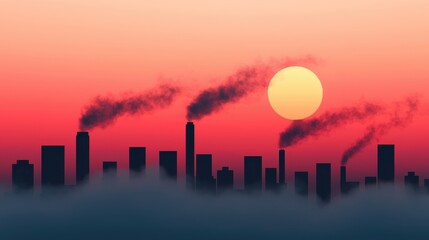 Fototapeta premium Industrial Skyline with Smokestacks and Sunset Over Cityscape