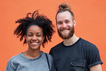 Fototapeta premium Portrait of a smiling mixed race couple in their 30s dressed in a casual t-shirt isolated on soft orange background