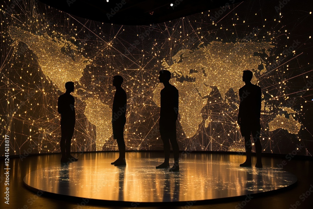 Poster silhouetted figures against illuminated world map with connected network of lights