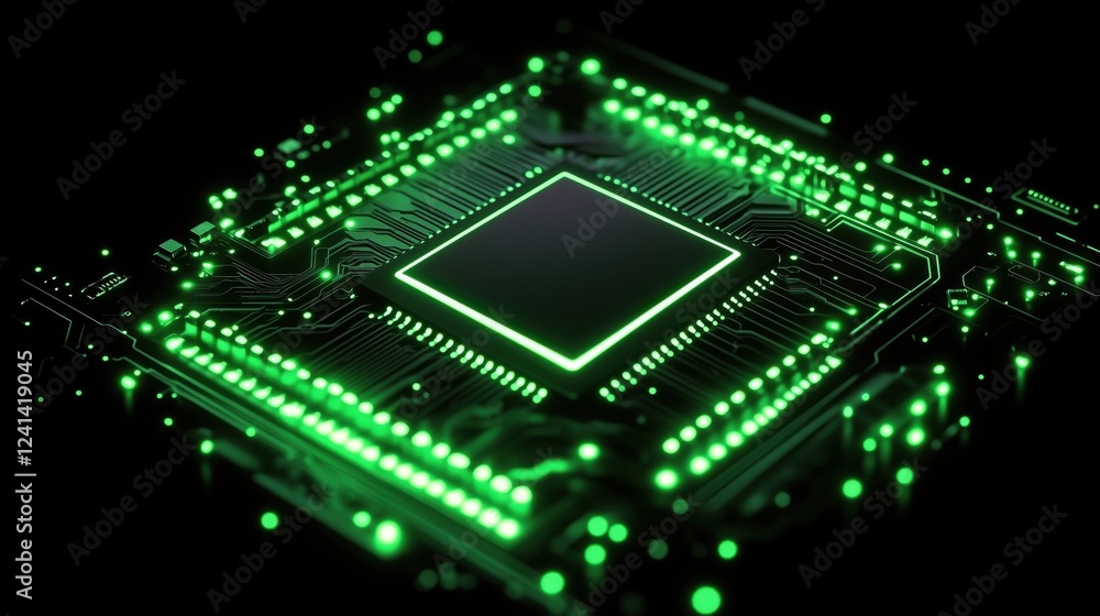 Poster details of a glowing green microchip captured in a dark environment showcasing technology and innova