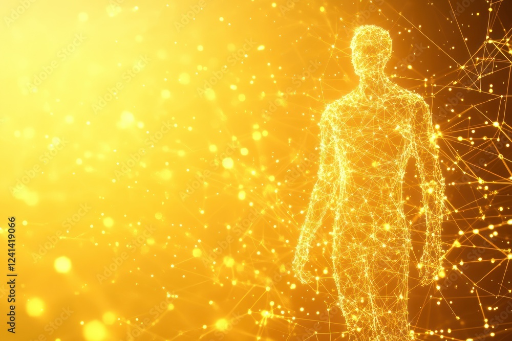 Poster futuristic human figure constructed from glowing points and lines in golden light background
