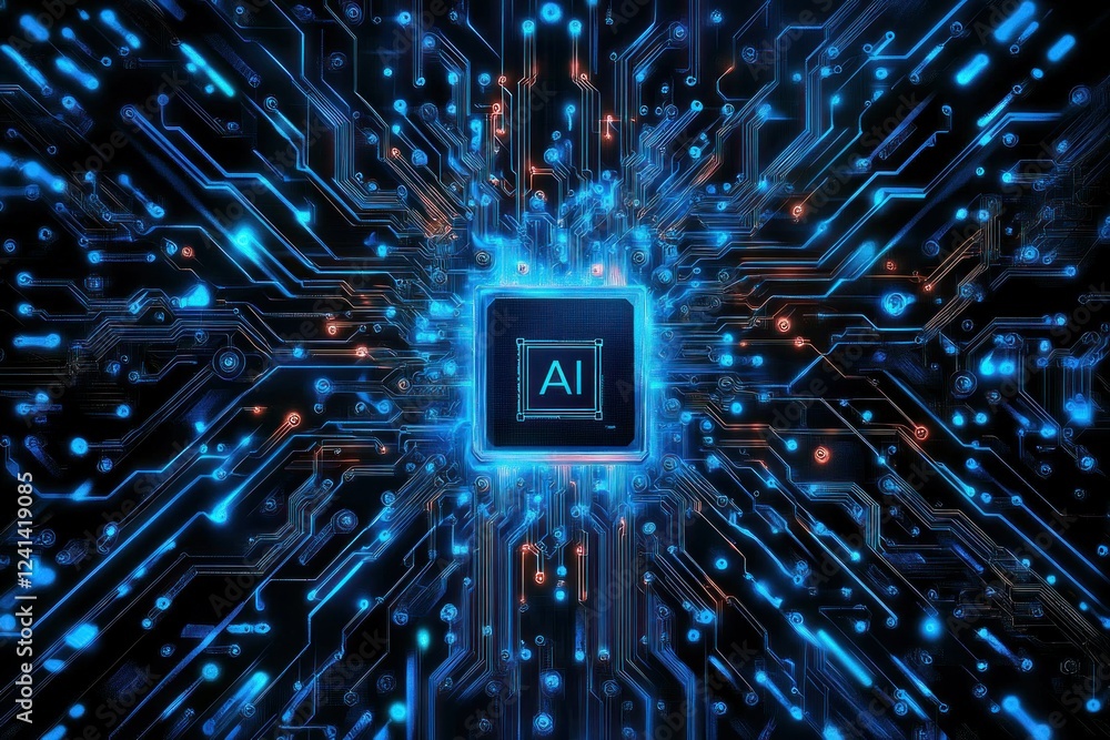 Aufkleber futuristic digital circuit board with ai chip surrounded by glowing data streams and connections