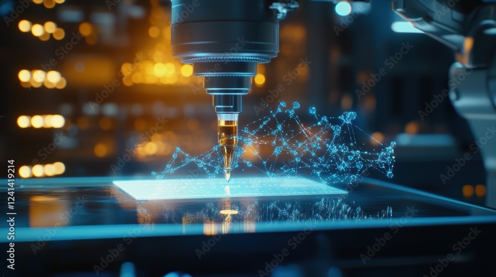 Poster robotic arm using innovative technology manufacturing microchip in factory with futuristic interface
