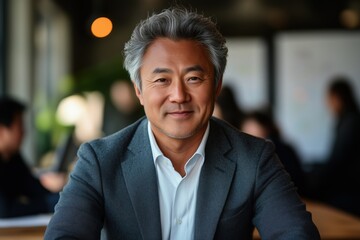 Middle-aged man sits confidently at a table in a modern office space filled with natural light
