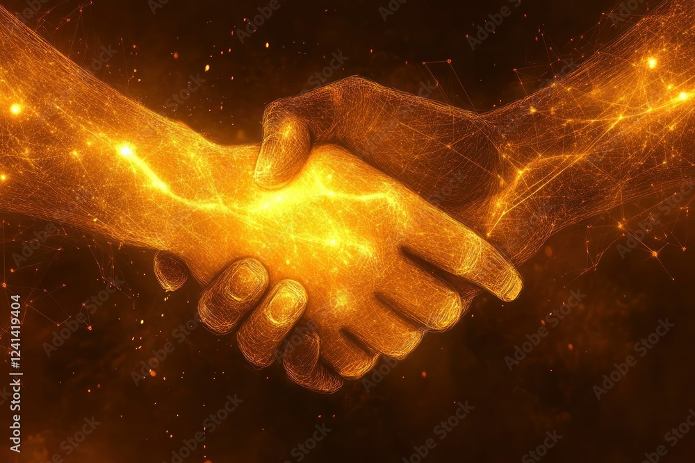 Poster hands shaking with artistic light and energy effect signifying unity and collaboration