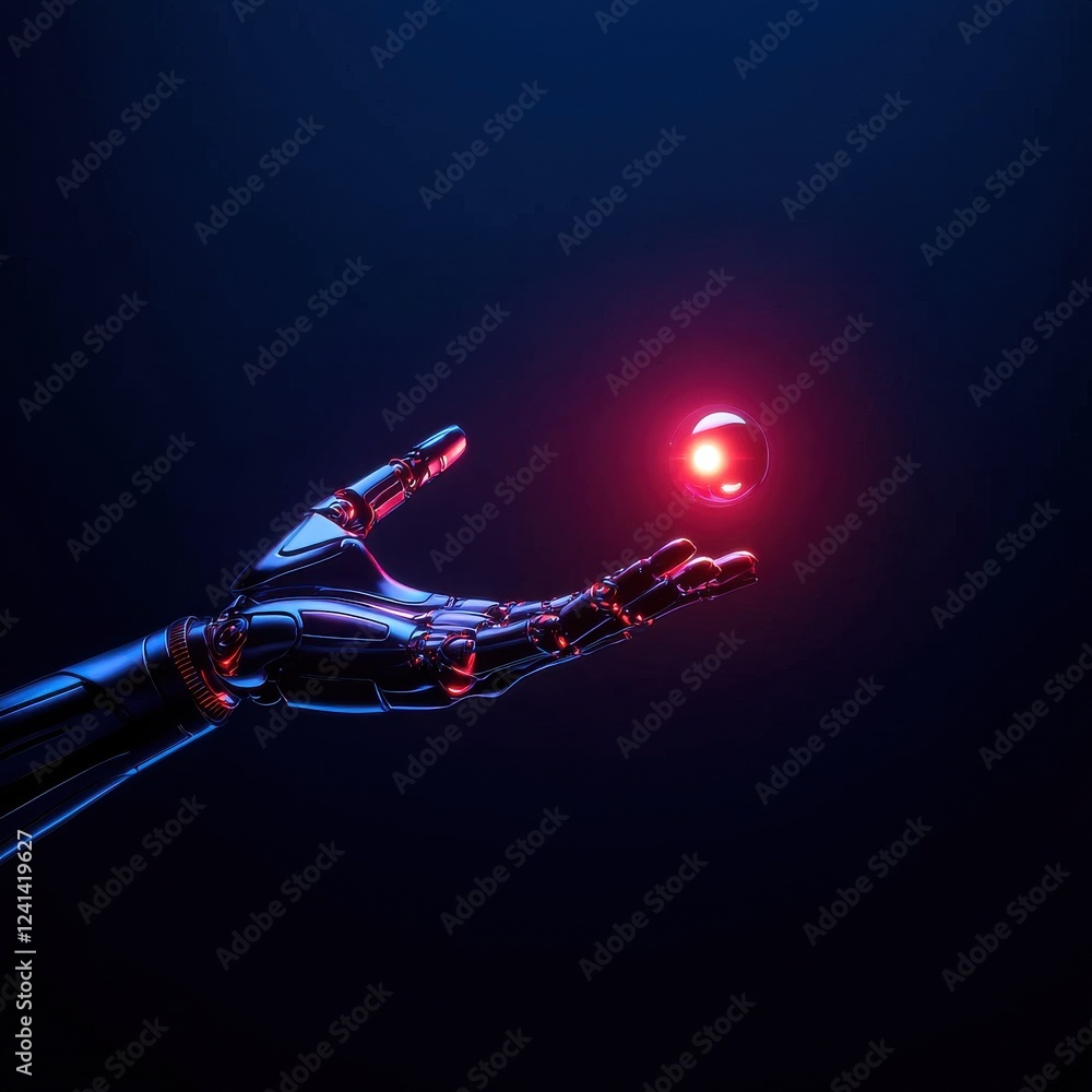 Poster mysterious robot reaching for glowing orb futuristic sci-fi setting digital art dark environment clo
