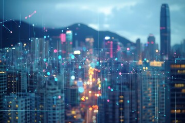 Obraz premium Futuristic City Skyline with Digital Connections and Technology Integration in Urban Landscape
