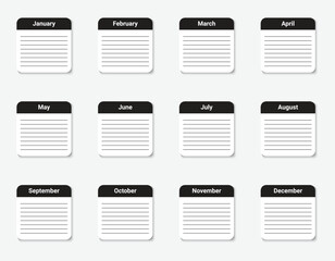 A yearly calendar in the English language. Blank note for to do list. Planner of friends birthdays in English. Empty cells of planner. Monthly organizer calendar
