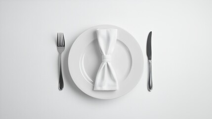 Elegant Fine Dining Table Setting with White Plate and Napkin on a Minimalist Background