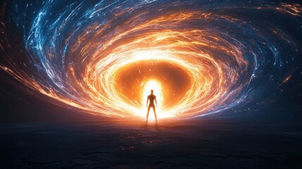 Mysterious alien figure under glowing portal sci-fi art cosmic environment energetic viewpoint