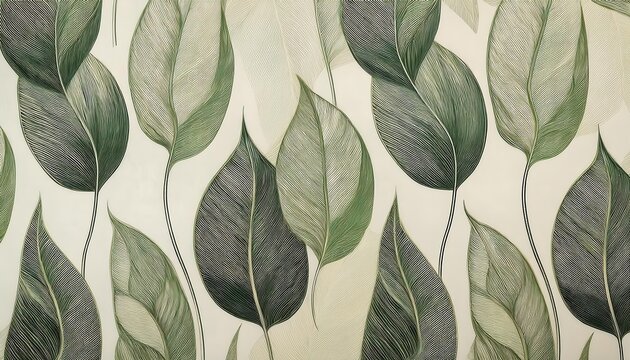 detailed graphic illustration of green leaves with intricate line work on light background, perfect for nature inspired decor
