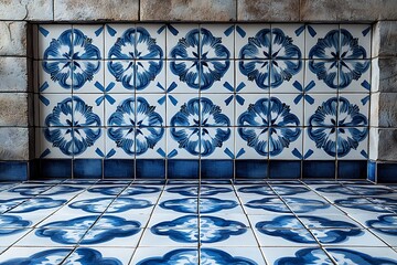 Blue and white floral tile wall and floor