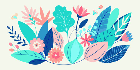 Colorful Botanical Illustration with Mint Green Leaves and Blue Pink Petals in Whimsical Style