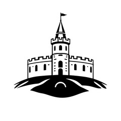 Majestic Hilltop Castle: A Medieval Fortress Illustration. Discover the rich history and architectural details of this iconic structure. Perfect for history buffs and architecture enthusiasts.