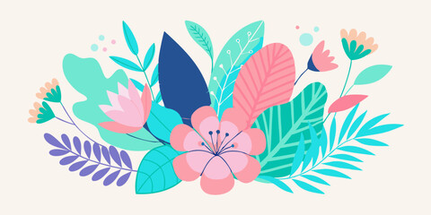 Colorful Botanical Illustration with Mint Green Leaves and Blue Pink Petals in Whimsical Style