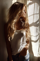 Fototapeta premium Woman with long blonde hair by a window