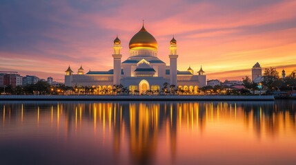 Naklejka premium Majestic Sultan Omar Ali Saifuddien Mosque at Sunset
