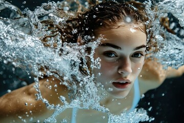 Obraz premium Graceful Portrait of a Young Woman Surrounded by Bubbles Underwater in Tranquil Setting