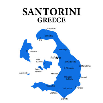 Santorini Islands, Greece. Map. Island in the Aegean Sea. Flat colour illustration on a white background.